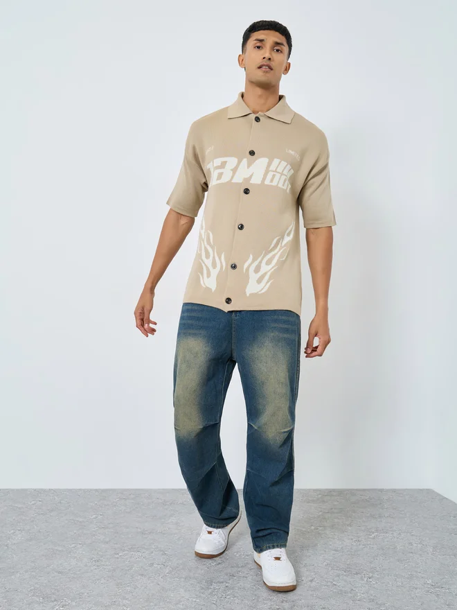ستايلي Men Beige Printed Boxy Fit Knitted Shirt